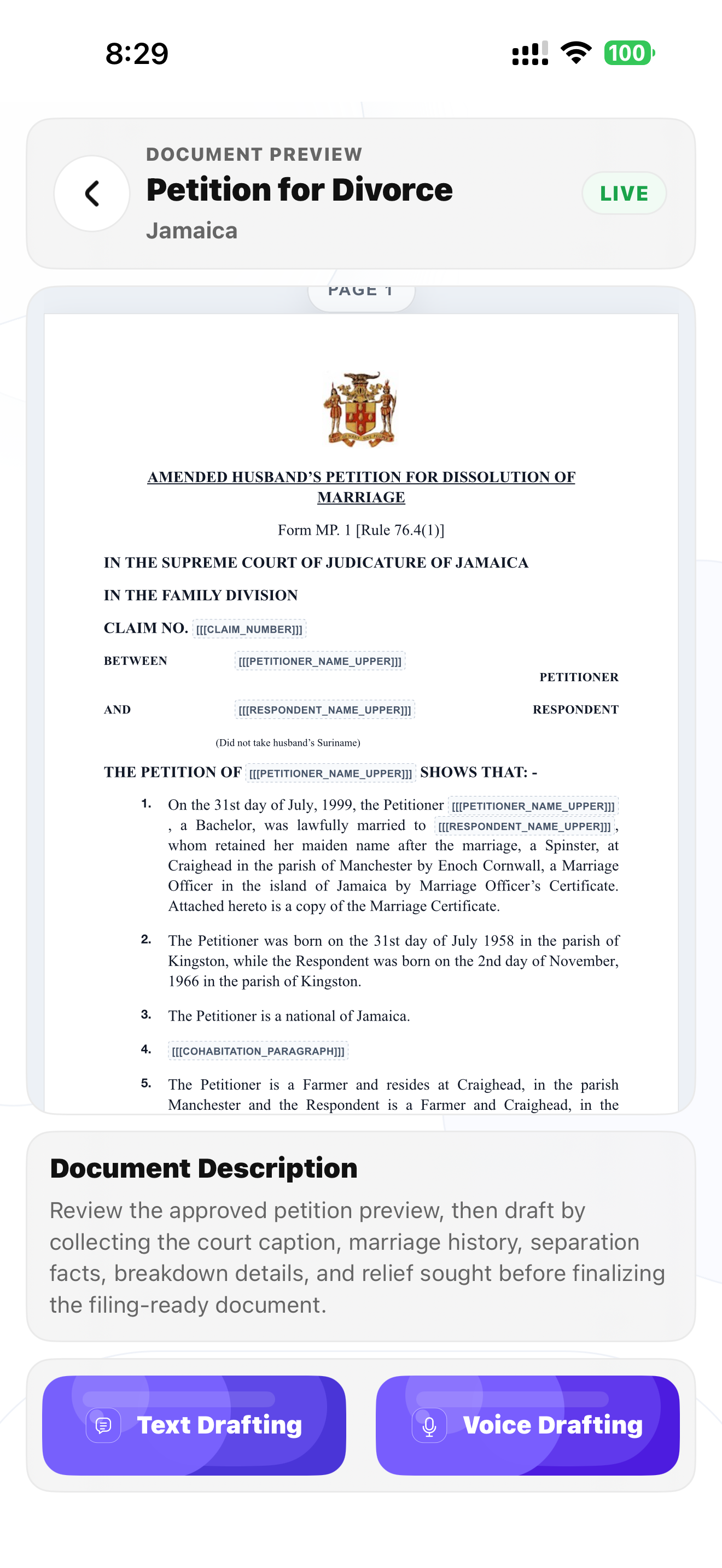 Pocket Attorney AI Document Drafting screen