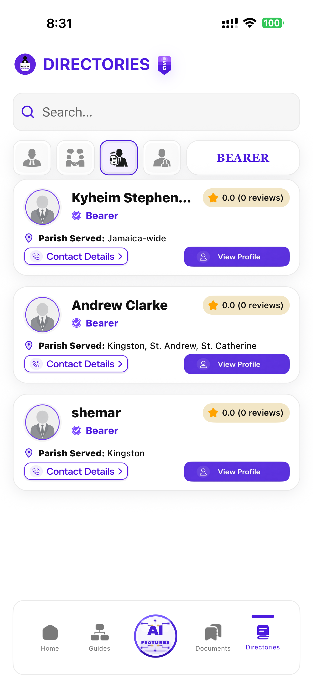 Pocket Attorney Directories screen